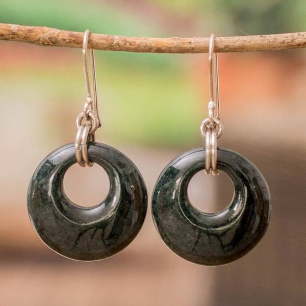 Alternate image for Round Dark Green Jade Sterling Silver Dangle Earrings Glowing Dark Green