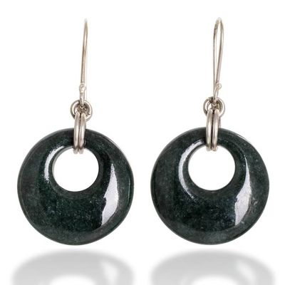 Alternate image for Round Dark Green Jade Sterling Silver Dangle Earrings Glowing Dark Green