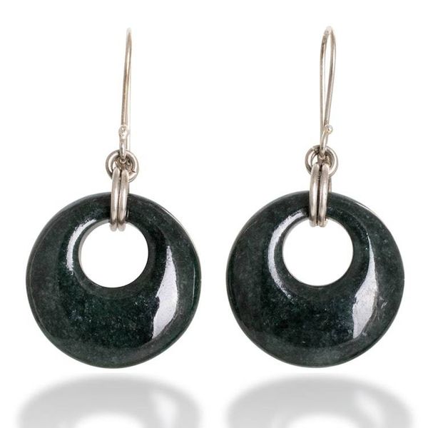 Alternate image for Round Dark Green Jade Sterling Silver Dangle Earrings Glowing Dark Green
