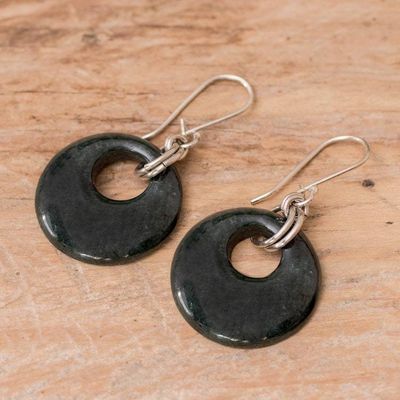 Alternate image for Round Dark Green Jade Sterling Silver Dangle Earrings Glowing Dark Green