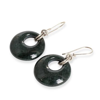 Alternate image for Round Dark Green Jade Sterling Silver Dangle Earrings Glowing Dark Green