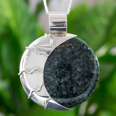 Alternate image for Light and Dark Green Jade Reversible Silver Pendant Necklace Green Place of the Moon