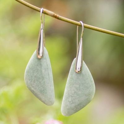 Alternate image for Geometric Modern Petal-Inspired Jade Silver Drop Earrings Green Petal