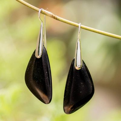 Alternate image for Petal-Themed Modern Silver Drop Earrings with Black Jade Black Petal