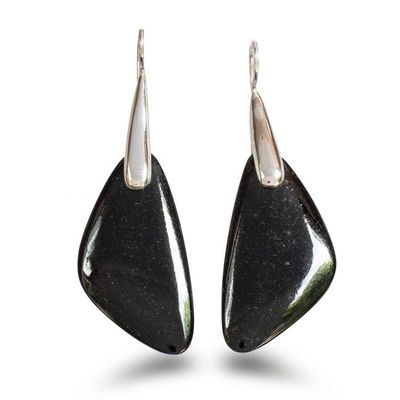 Alternate image for Petal-Themed Modern Silver Drop Earrings with Black Jade Black Petal
