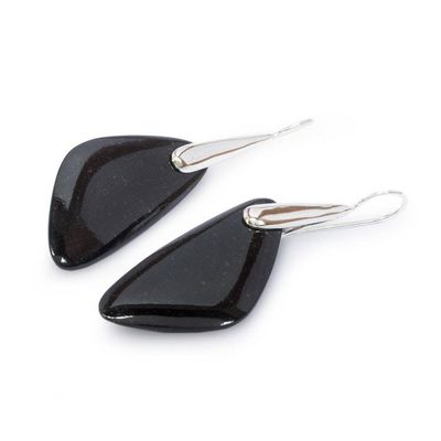 Alternate image for Petal-Themed Modern Silver Drop Earrings with Black Jade Black Petal