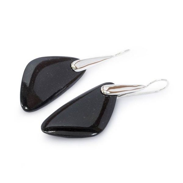 Alternate image for Petal-Themed Modern Silver Drop Earrings with Black Jade Black Petal