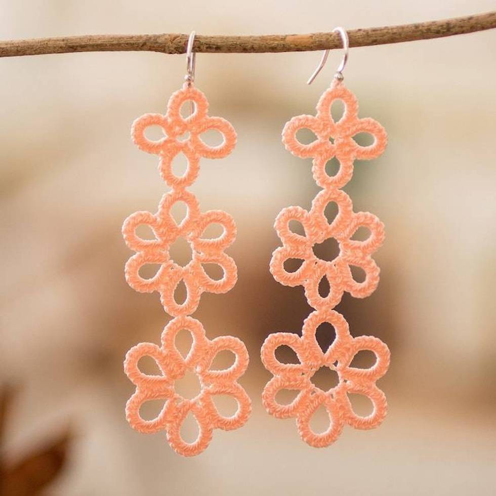 Hand-Tatted Floral Dangle Earrings in Peach from Guatemala 'Petal Delight in Peach'