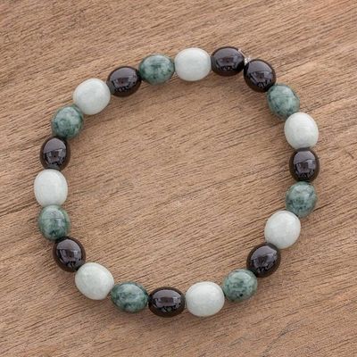 Primary image for Black Green and Pale Natural Jade Beaded Stretch Bracelet Light and Shade