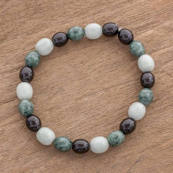 Alternate image for Black Green and Pale Natural Jade Beaded Stretch Bracelet Light and Shade
