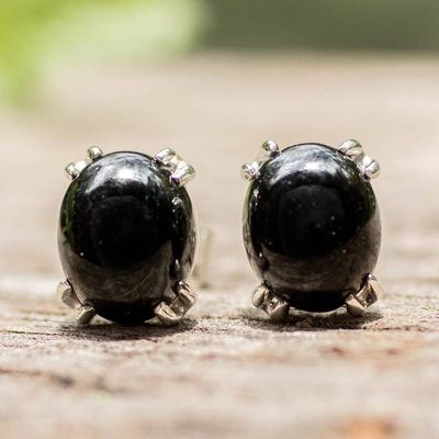 Alternate image for Silver Stud Earrings with Guatemalan Black Jade Stones Black Allure