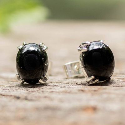 Alternate image for Silver Stud Earrings with Guatemalan Black Jade Stones Black Allure
