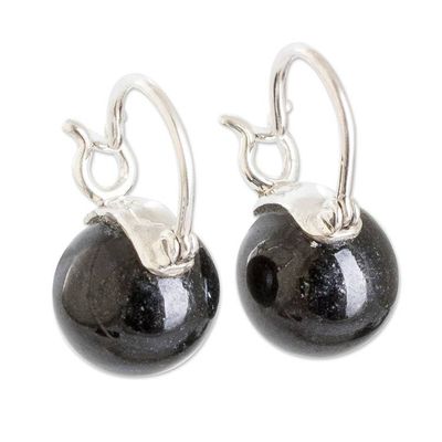 Alternate image for Polished Sterling Silver Hoop Earrings with Dark Jade Gems Enigmatic Soul