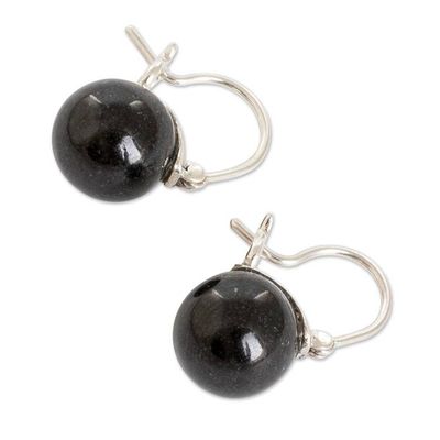 Alternate image for Polished Sterling Silver Hoop Earrings with Dark Jade Gems Enigmatic Soul