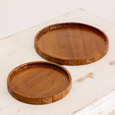 Primary image for Hand Carved Conacaste Wood Trays Pair from Guatemala Natural Circles