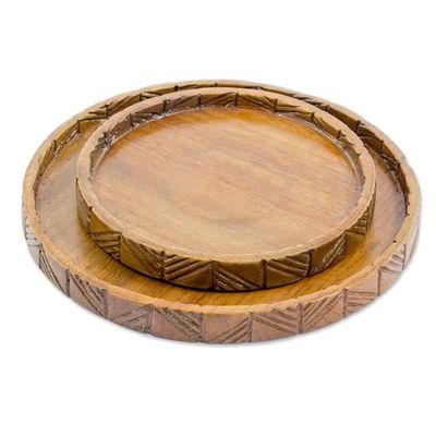 Alternate image for Hand Carved Conacaste Wood Trays Pair from Guatemala Natural Circles