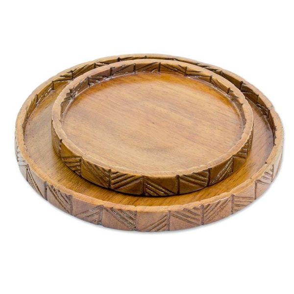 Alternate image for Hand Carved Conacaste Wood Trays Pair from Guatemala Natural Circles