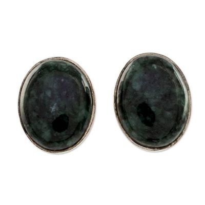Alternate image for Modern Maya Jade Post Earrings with Sterling Silver Dark Voluptuous Green