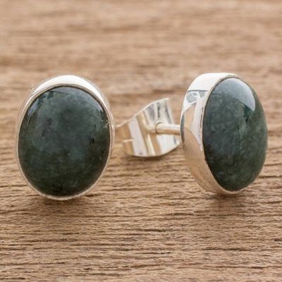 Alternate image for Modern Maya Jade Post Earrings with Sterling Silver Dark Voluptuous Green