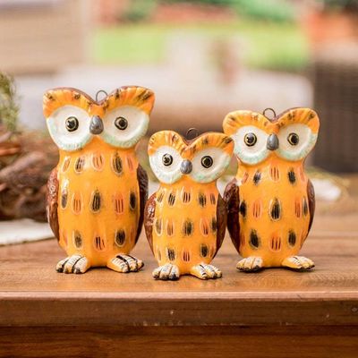Alternate image for 3 Owl Family-Themed Hand-Painted Yellow Ceramic Figurines Wise Tecolote Family
