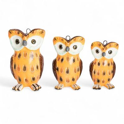 Alternate image for 3 Owl Family-Themed Hand-Painted Yellow Ceramic Figurines Wise Tecolote Family