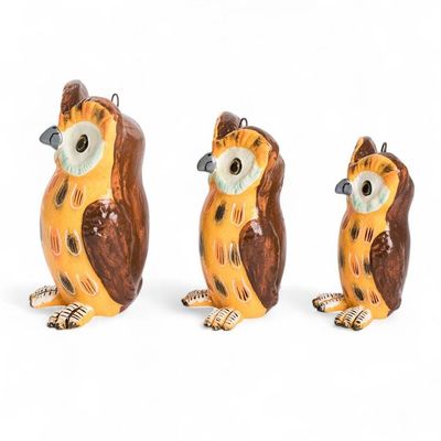 Alternate image for 3 Owl Family-Themed Hand-Painted Yellow Ceramic Figurines Wise Tecolote Family