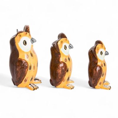 Alternate image for 3 Owl Family-Themed Hand-Painted Yellow Ceramic Figurines Wise Tecolote Family
