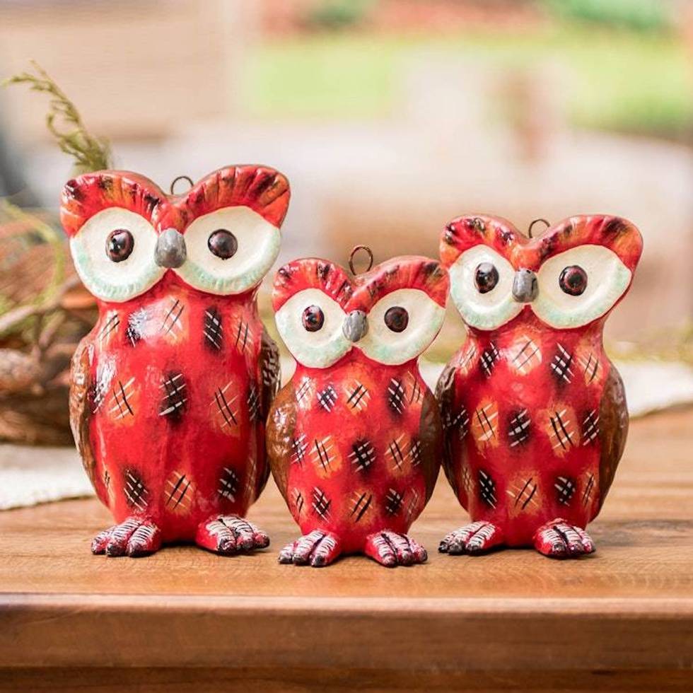 3 Owl-Shaped Red Ceramic Figurines Hand-Painted in Guatemala 'United Tecolote Family'