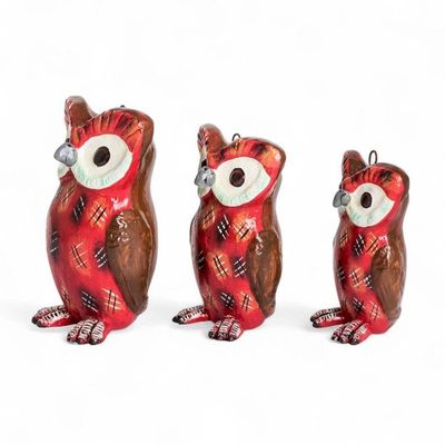 Alternate image for 3 Owl-Shaped Red Ceramic Figurines Hand-Painted in Guatemala United Tecolote Family