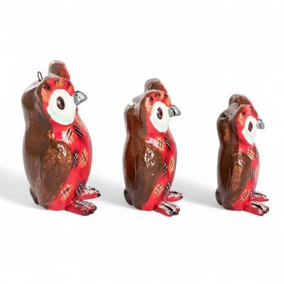 Alternate image for 3 Owl-Shaped Red Ceramic Figurines Hand-Painted in Guatemala United Tecolote Family