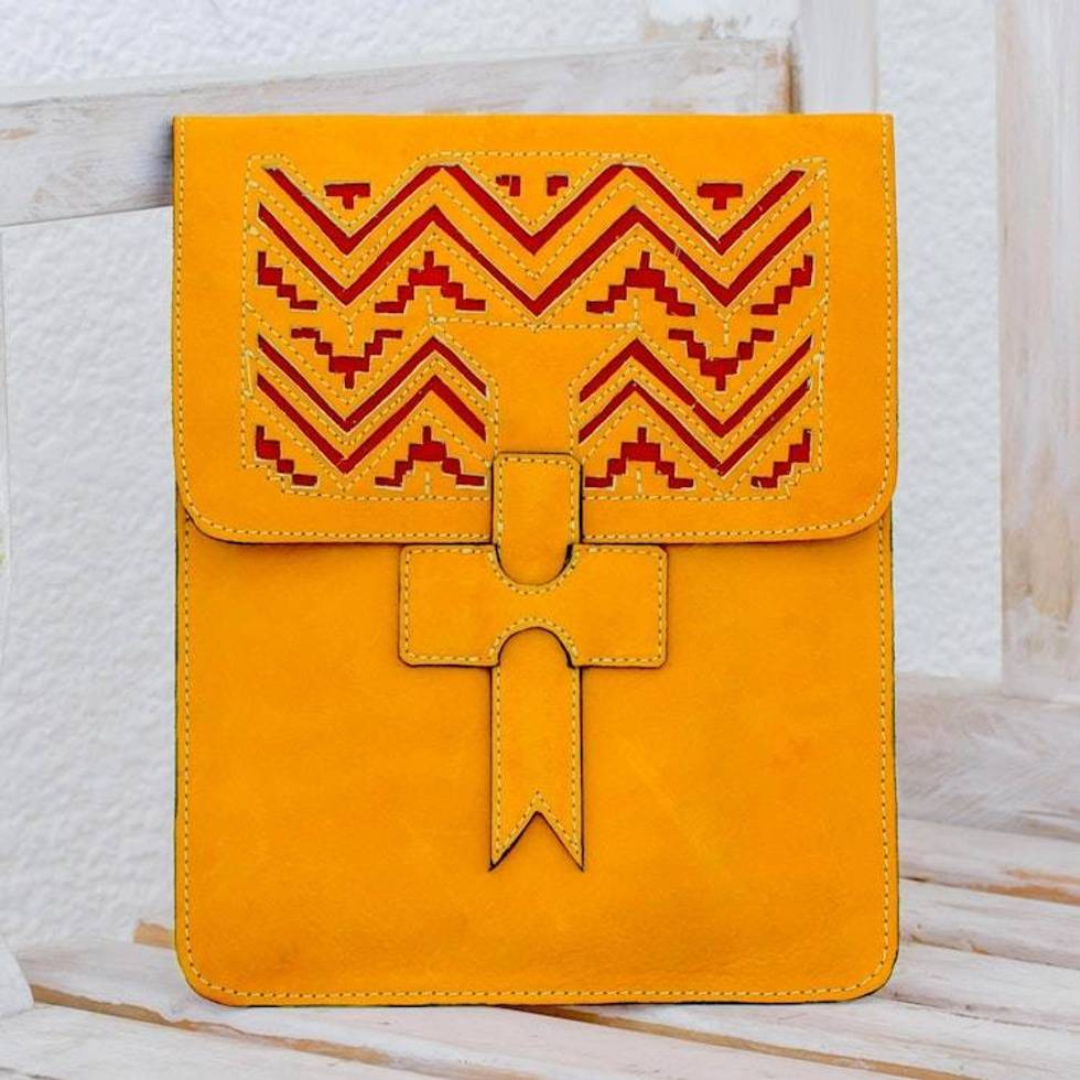 Handcrafted Leather Portfolio in Sunrise from Nicaragua 'Lines of Time'