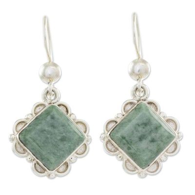 Alternate image for Silver Diamond Shaped Floral Jade Earrings in Light Green Light Green Floral Diamond