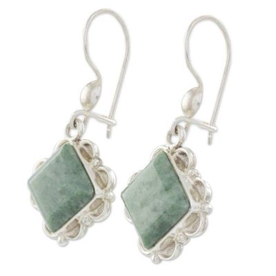 Alternate image for Silver Diamond Shaped Floral Jade Earrings in Light Green Light Green Floral Diamond