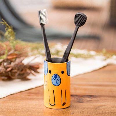 Alternate image for Hand-Painted Ceramic and Utensil Pen Holder with Dog Motif Yellow Loyal Organizer