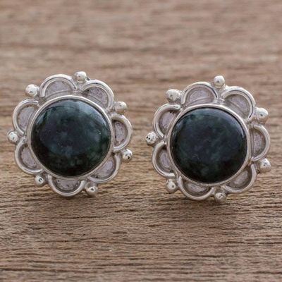 Primary image for Sterling Silver Floral Button Earrings with Dark Green Jade Dark Forest Princess