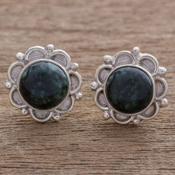 Alternate image for Sterling Silver Floral Button Earrings with Dark Green Jade Dark Forest Princess