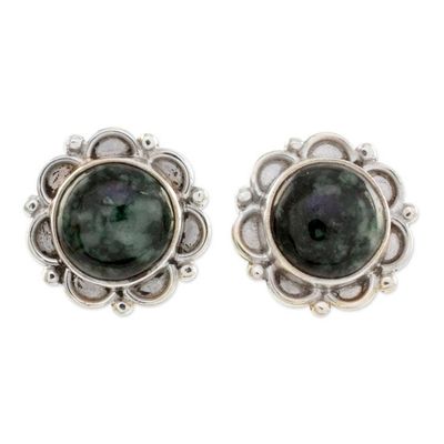 Alternate image for Sterling Silver Floral Button Earrings with Dark Green Jade Dark Forest Princess