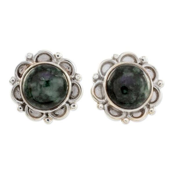Alternate image for Sterling Silver Floral Button Earrings with Dark Green Jade Dark Forest Princess