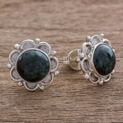 Alternate image for Sterling Silver Floral Button Earrings with Dark Green Jade Dark Forest Princess
