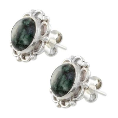 Alternate image for Sterling Silver Floral Button Earrings with Dark Green Jade Dark Forest Princess