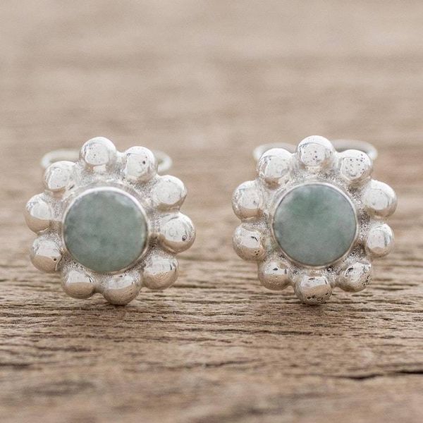 Alternate image for Bubble-Pattern Apple Green Jade Stud Earrings from Guatemala Bubbly Flowers