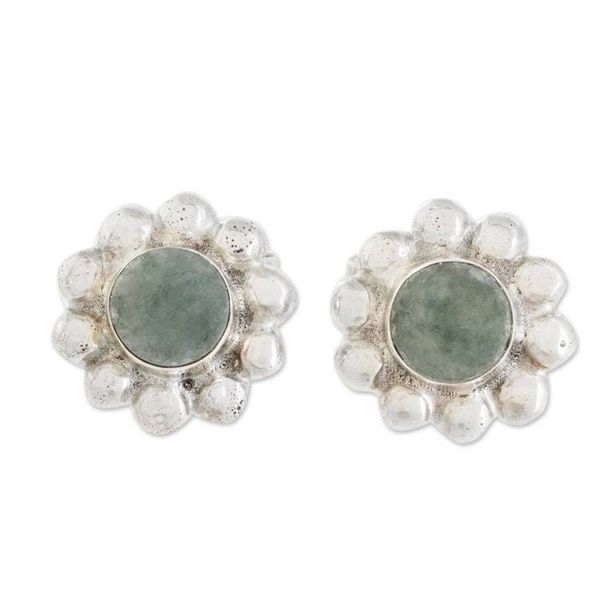 Alternate image for Bubble-Pattern Apple Green Jade Stud Earrings from Guatemala Bubbly Flowers