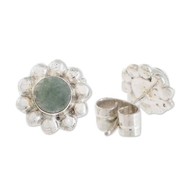 Alternate image for Bubble-Pattern Apple Green Jade Stud Earrings from Guatemala Bubbly Flowers