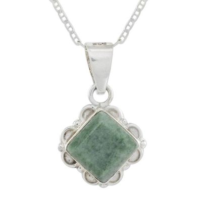 Alternate image for Diamond Shaped Light Green Floral Jade and Silver Necklace Light Green Floral Diamond