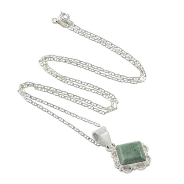 Alternate image for Diamond Shaped Light Green Floral Jade and Silver Necklace Light Green Floral Diamond