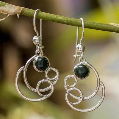 Alternate image for Modern Sea Wave-Inspired Dark Green Jade Silver Earrings Green Sea Waves