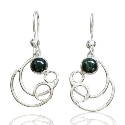 Alternate image for Modern Sea Wave-Inspired Dark Green Jade Silver Earrings Green Sea Waves