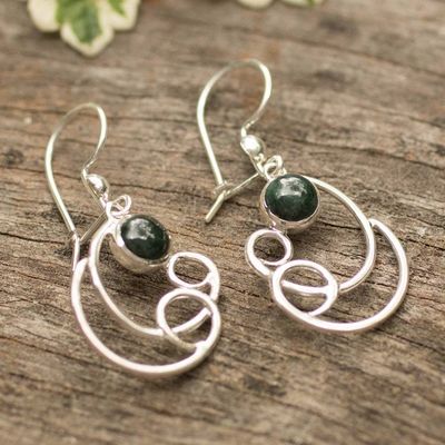 Alternate image for Modern Sea Wave-Inspired Dark Green Jade Silver Earrings Green Sea Waves