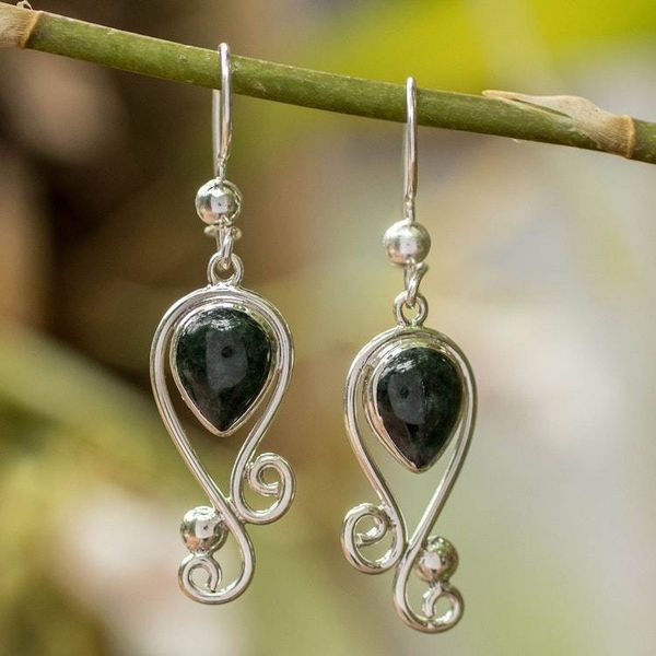 Alternate image for Swirling Silver Dangle Earrings with Dark Green Jade Stones Green Vintage Flair
