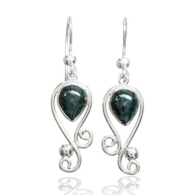 Alternate image for Swirling Silver Dangle Earrings with Dark Green Jade Stones Green Vintage Flair